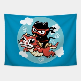 Kawaii Ninja Cat Riding a Red Dragon Tapestry