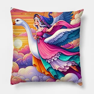 Enchanting Sunset Ride Mystical Woman and Swan Illustration Pillow