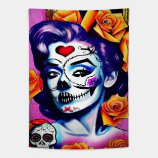 Retro sugar skull girl with orange roses Tapestry