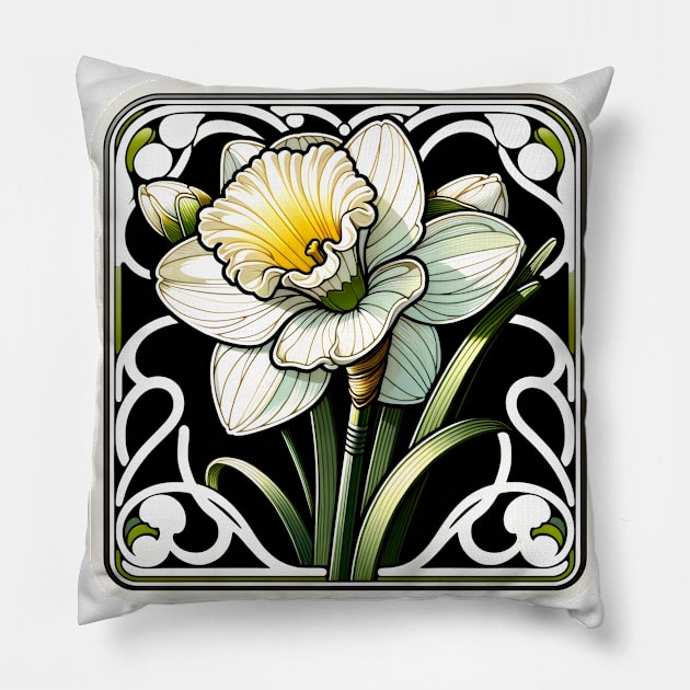 art nouveau narcissus december Birth Month Flower Pillow by OddHouse