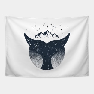 Creative Illustration. Whale Tail, Stars, Mountains, Adventure, Nautical Tapestry