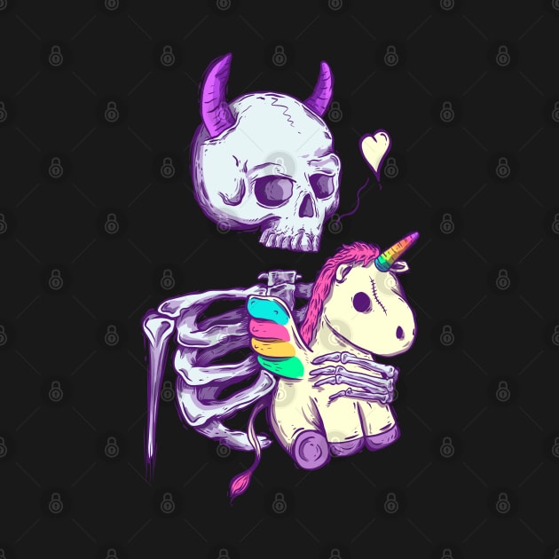 Cute skeleton holding unicorn by Jess Adams