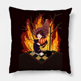 Vampire Girl Hugging Pumpkin Halloween Drawing Illustration Pillow