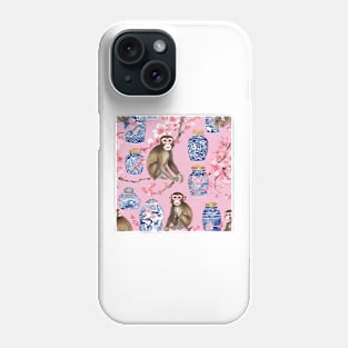 Monkeys, cherry blossom and chinoiserie jars Phone Case