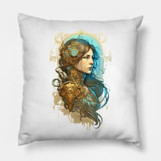 Steampunk Golden Woman - A fusion of old and new technology Pillow