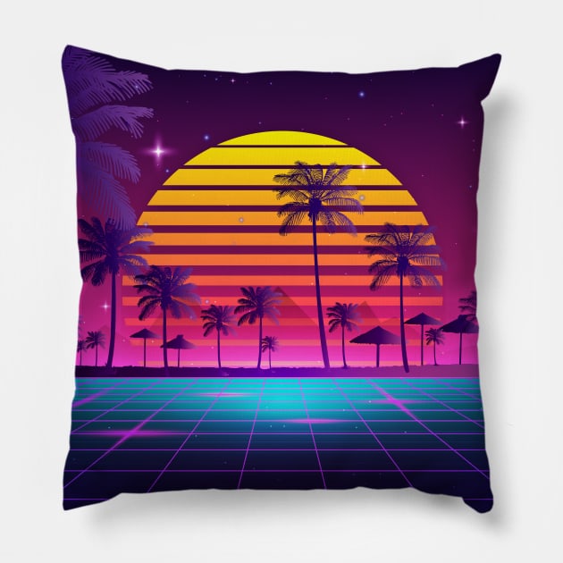 80s sunset synthwave Pillow by edmproject