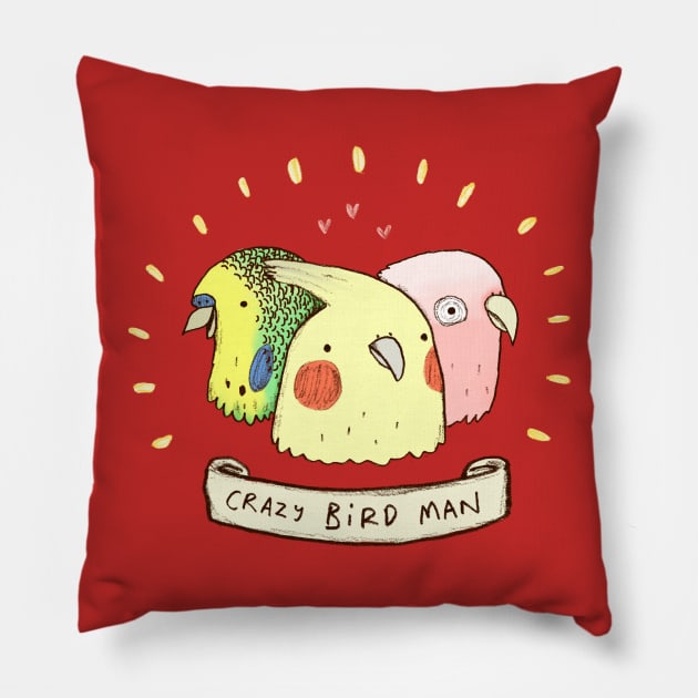 Crazy Bird Man Pillow by Sophie Corrigan