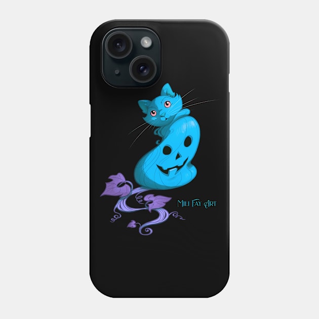 Mili Fay’s Halloween Pumpkin Cat — Blue Phone Case by Mili Fay Art