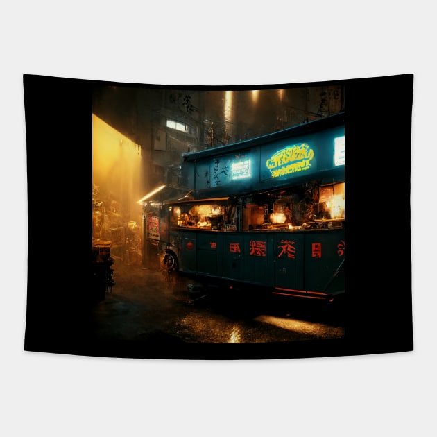 Ramen Truck - Cyberpunk Cityscapes Tapestry by ArkMinted