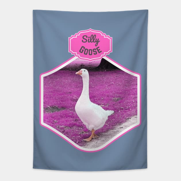 Silly goose on the pink grass Tapestry by happygreen