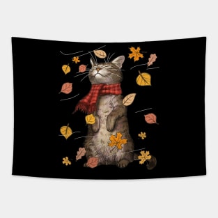 Cute Autumn Cat Fall Kitten Cat Lover Tapestry