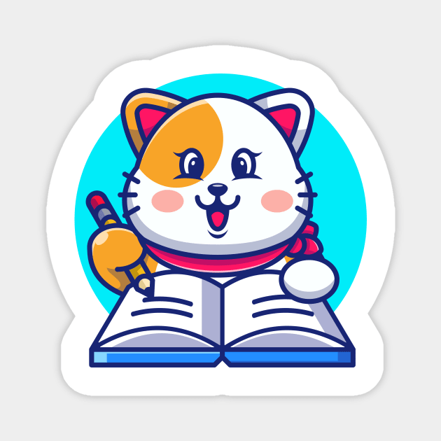 Cute cat writing on book with pencil cartoon Magnet by Wawadzgnstuff