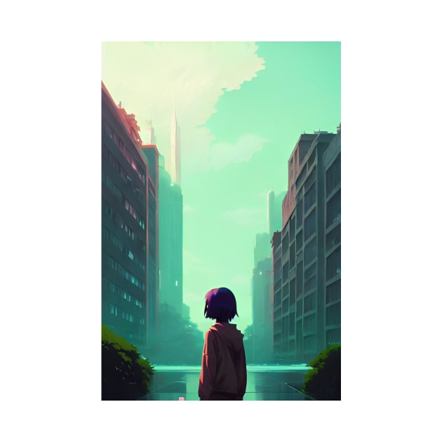 Cool Anime Girl in Streets Lofi Scenario Landscape by Trendy-Now