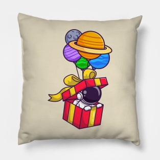 Cute Astronaut In Box Floating With Planet Balloon Cartoon Pillow