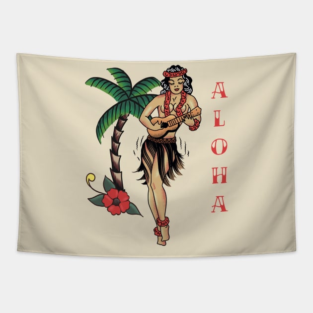 Jerry Style Traditional Aloha Hula Pinup Girl In Hawaii Tapestry by LittleBunnySunshine
