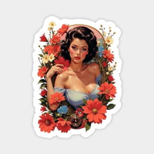 The Daisy-Framed Brunette Bombshell A Pinup Portrait Embraced by Red and Cream Floral Grandeur and Golden Oval Light Magnet