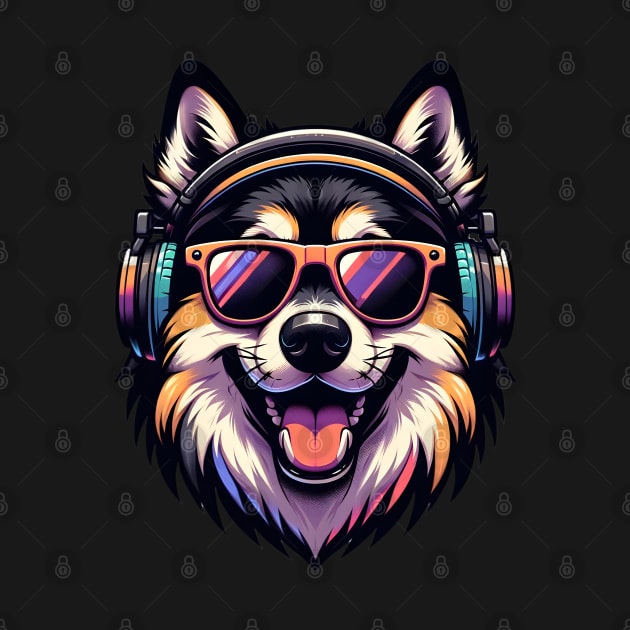 Norwegian Elkhound as Smiling DJ with Headphones and Sunglasses by ArtRUs