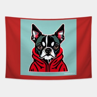 Boston Terrier in a Red Hoodie Tapestry