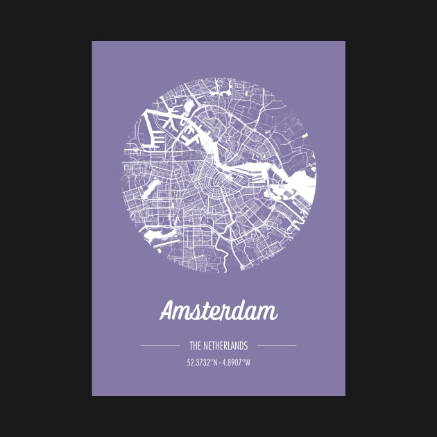 City map in purple: Amsterdam, The Netherlands, with retro vintage flair by AtlasMirabilis