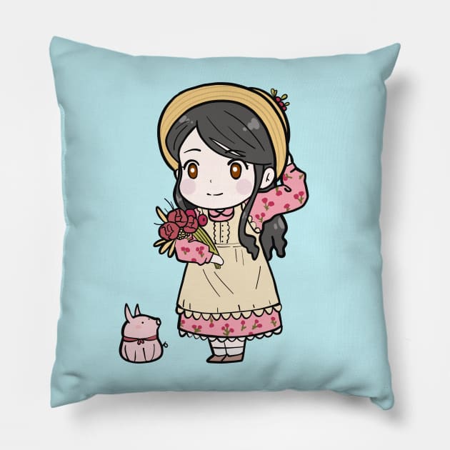 Chibi Anime Girl Cottagecore Aesthetics Pillow by MariOyama