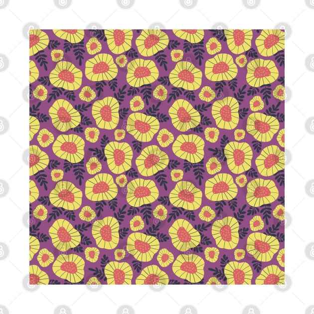 Abstract yellow and blue Scandinavian flowers on purple by Sandra Hutter Designs