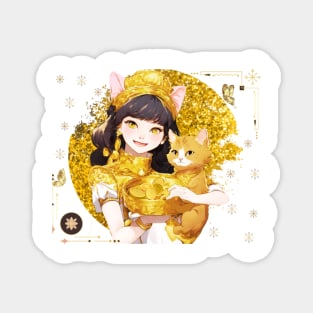 A beautiful young woman and a cute cat smile while giving people gold. Magnet