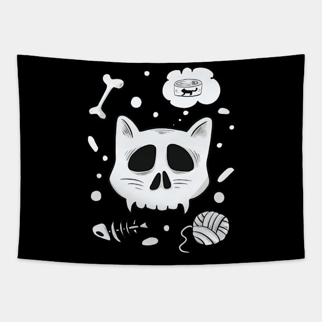 Skull Cat Funny Kitty Cat Food Cat Toys Tapestry by Foxxy Merch