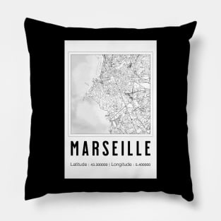 Marseille France Map Art Black and White Pillow