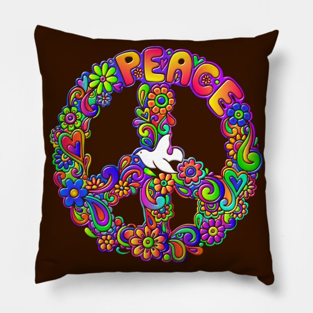 Hippie Flower Power Peace Sign Pillow by AlondraHanley