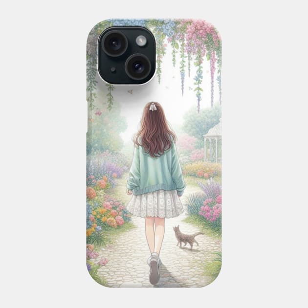 Sweet girl with a cat in the flower garden Phone Case by NITA@PROVIDER