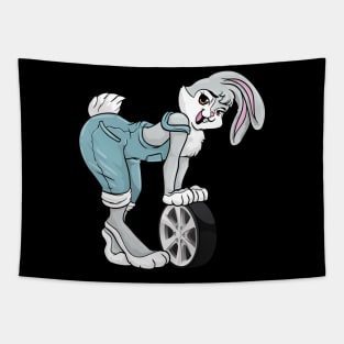 Funny mechanic bunny with a tire Tapestry