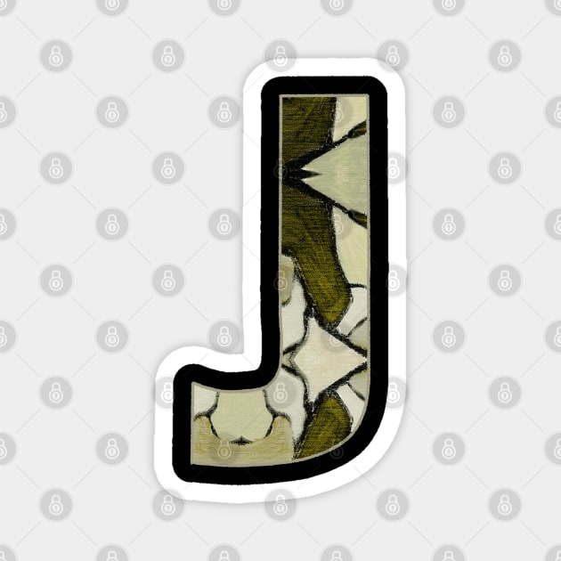 Letter J Monogram Initial Olive Green Pearl White Aesthetic Abstract Pattern Painting On Canvas Magnet by Go Abstract Art