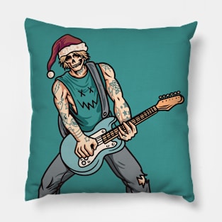 Rocker Skeleton with Guitar and Santa Hat Pillow