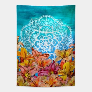 Orange Lilies & White Mandala on Blue Tapestry