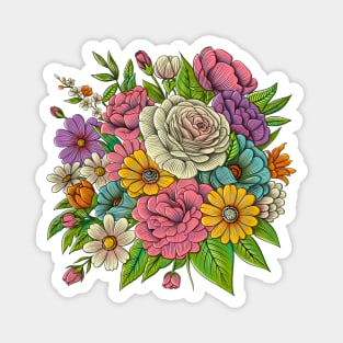 Roses and Colorful Flowers Pattern. Hand Drawn Floral Print Magnet