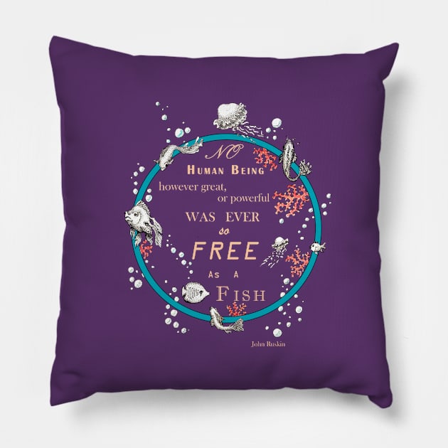 Inspirational quote from a Victorian philosopher on freedom and fish. Blue, beige and grey-blue design. Pillow by LucyDreams