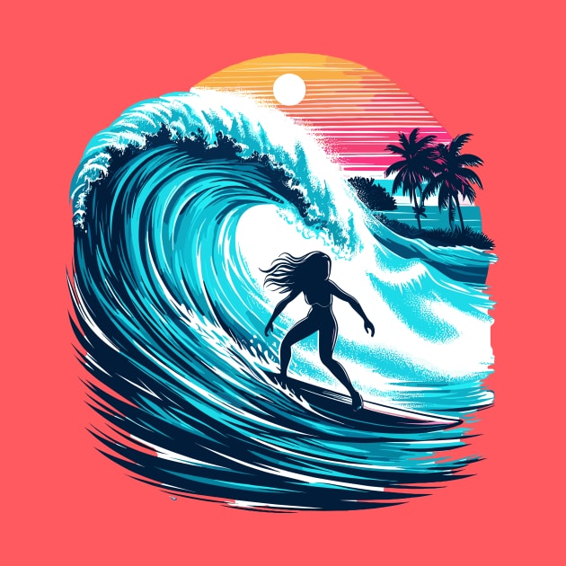 Surfer Girl Surfing A Big Wave At Sunset Beach Summer Vacation Surfing by Tees 4 Thee