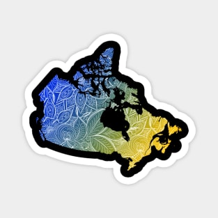 Colorful mandala art map of Canada with text in blue and yellow Magnet