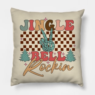 Jingle Bell Rockin Retro Skeleton Hand Christmas Pillow