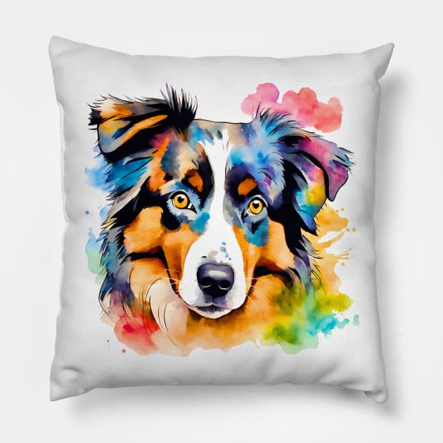 Australian Shepherd Watercolor Pillow by Doodle and Things