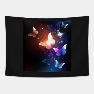 Glowing Night Butterflies on Black Background Tapestry