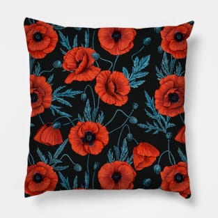 Poppies, red and blue on black Pillow