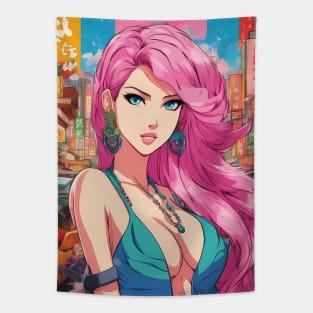 Anime Nation Colorful Pink Hair Beautiful  Style  Waifu Tapestry