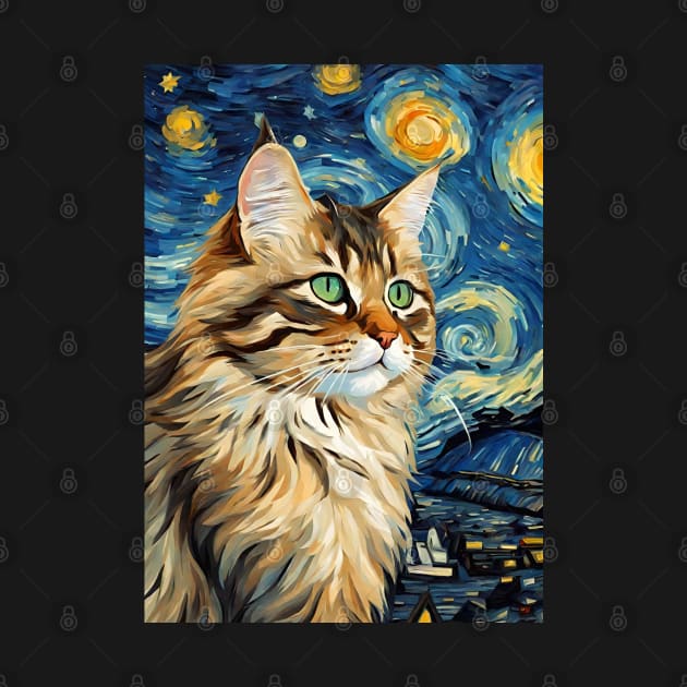 Cute Siberian Cat Breed Painting in a Van Gogh Starry Night Art Style by Art-Jiyuu