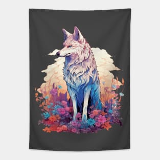 Colorful Wolf With Flowers Tapestry
