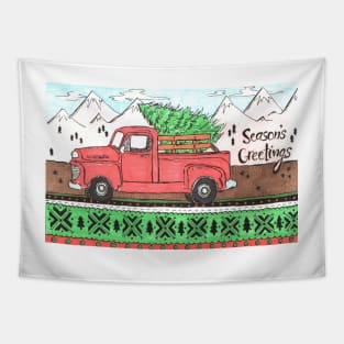 Season's Greetings Red Truck Tapestry