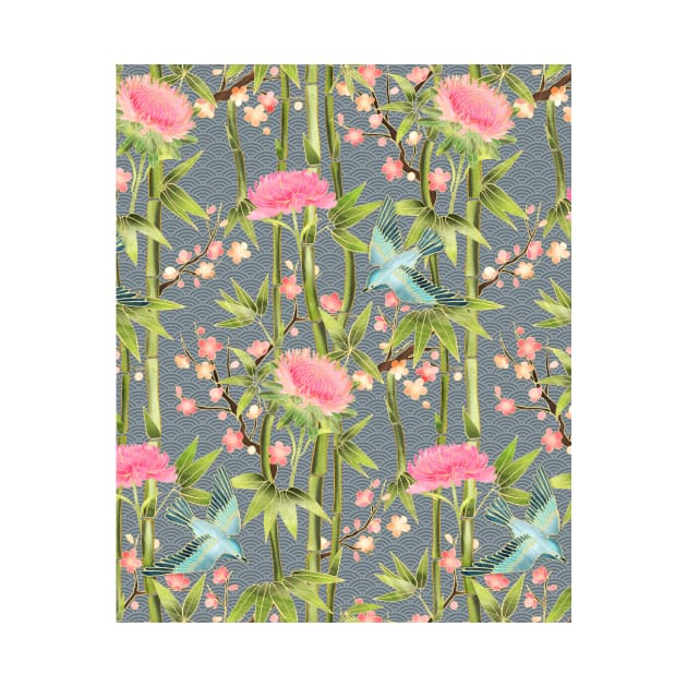 Bamboo, Birds and Blossom - grey by micklyn