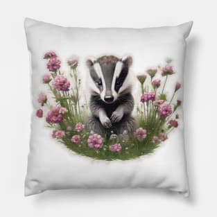 Baby badger in flower Pillow