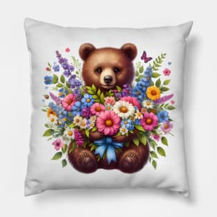 A brown bear decorated with beautiful colorful flowers. Pillow