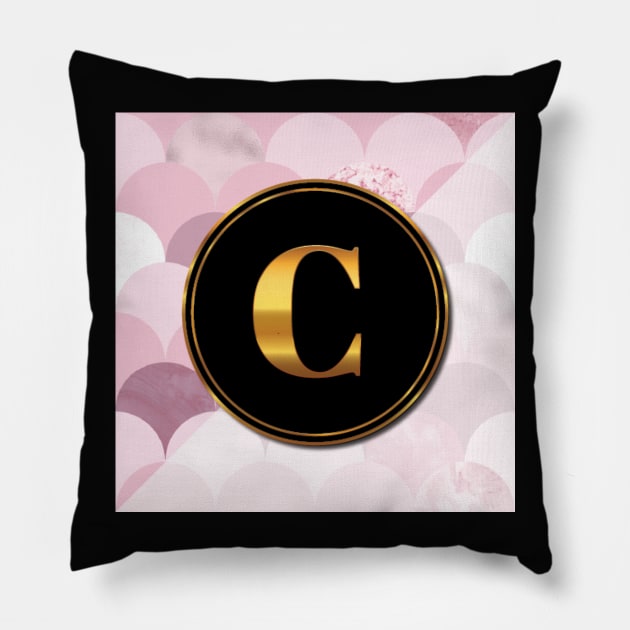 Pink Mermaid Scales, Pretty Gold Initial Monogram Letter c Pillow by solsateez